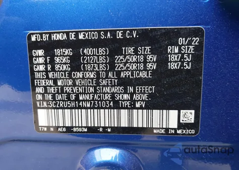 2022 Honda Hr-V 2Wd Sport из США, поврежденный, VIN 3CZRU5H14NM731034